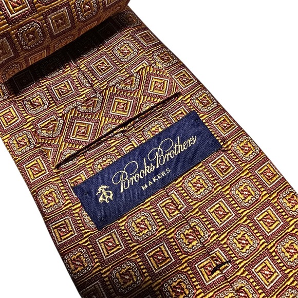 BROOKS BROTHERS Makers Silk Necktie USA Designer Geometric Gold Cooper EUC Tie - Picture 7 of 11